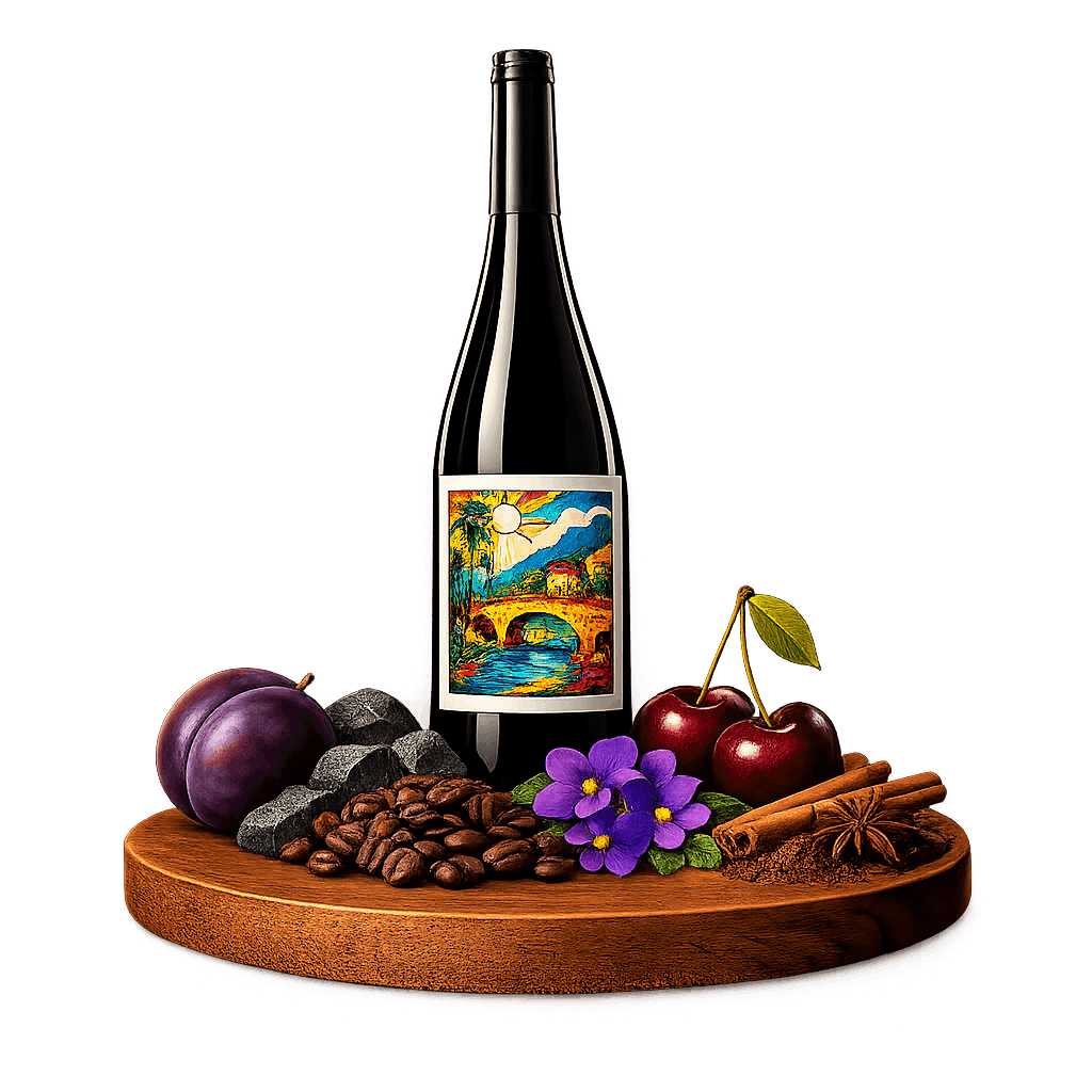 Artistic label and flavor profile for Ticino Merlot on a rustic wooden table.