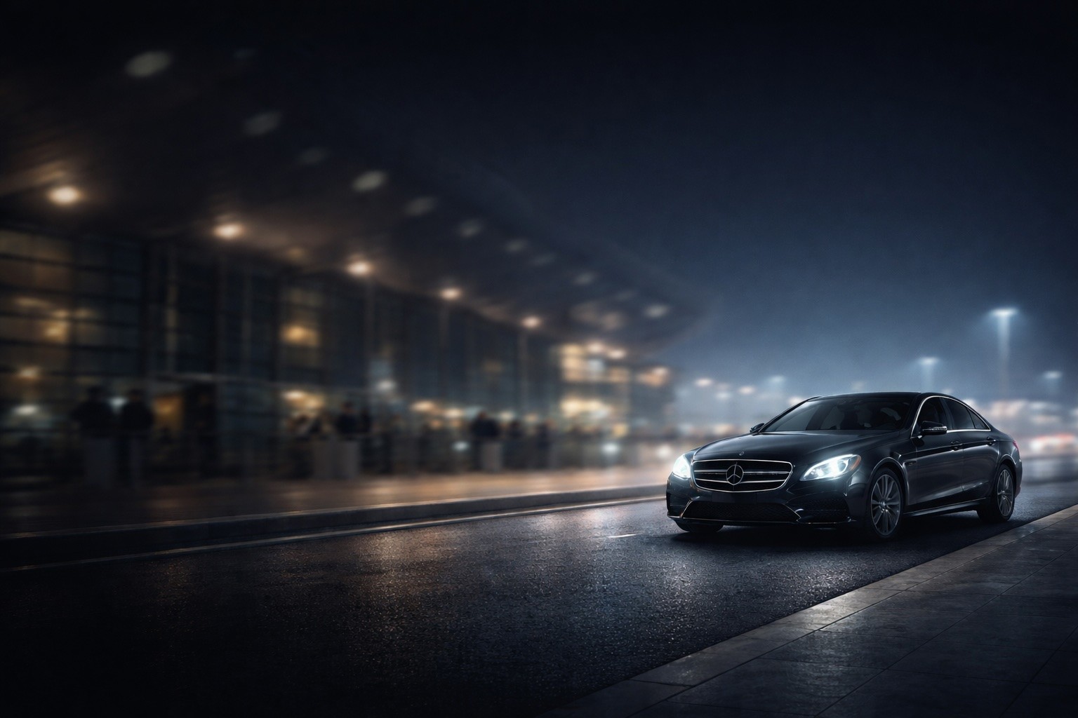 Premium Helsinki airport transfer with luxury black sedan at airport terminal at nightairport transfer vehicle at Helsinki — professional meet and greet service