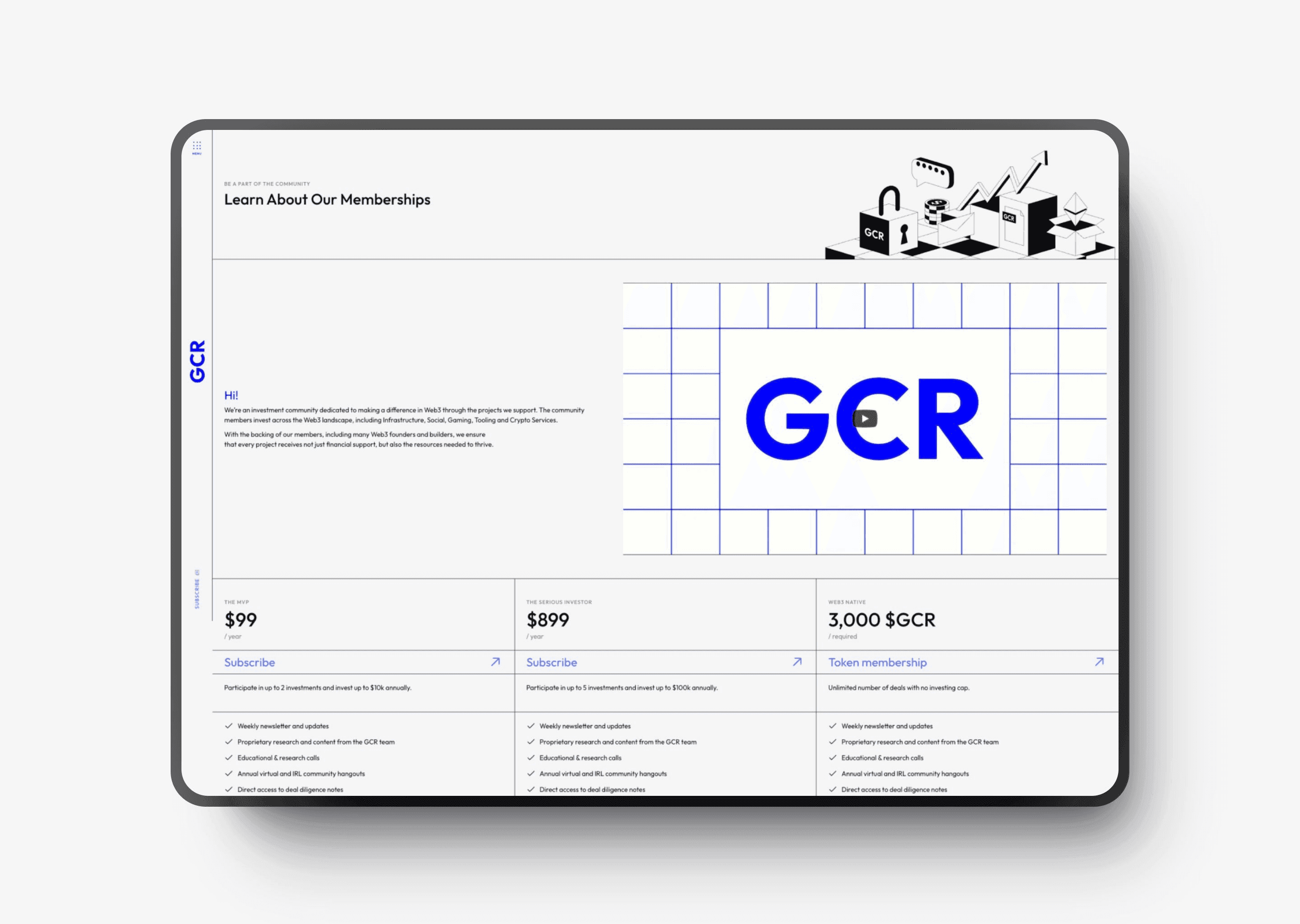 Membership page, tablet