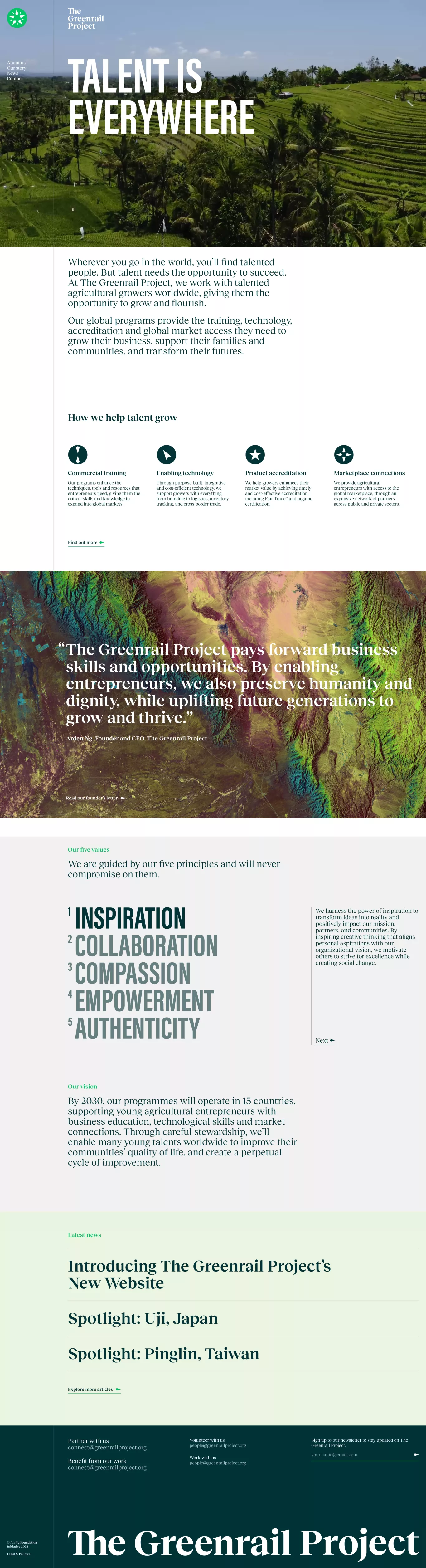 The Greenrail Project / Talent is everyw other page screenshot showcasing Tech and Education design
