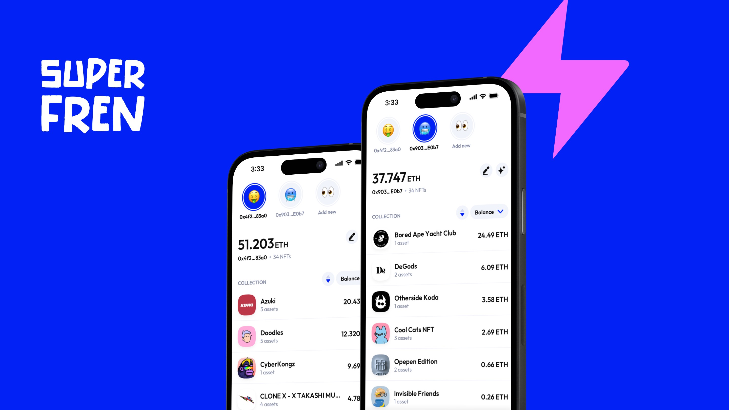 Super Fren mobile app showing NFTs across multiple wallets