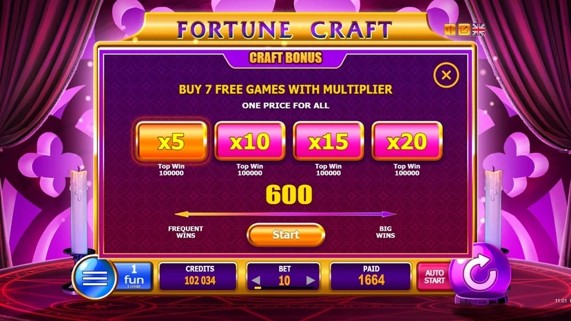 Fortune Craft — écran Craft Bonus proposant plusieurs variantes d’accès au bonus