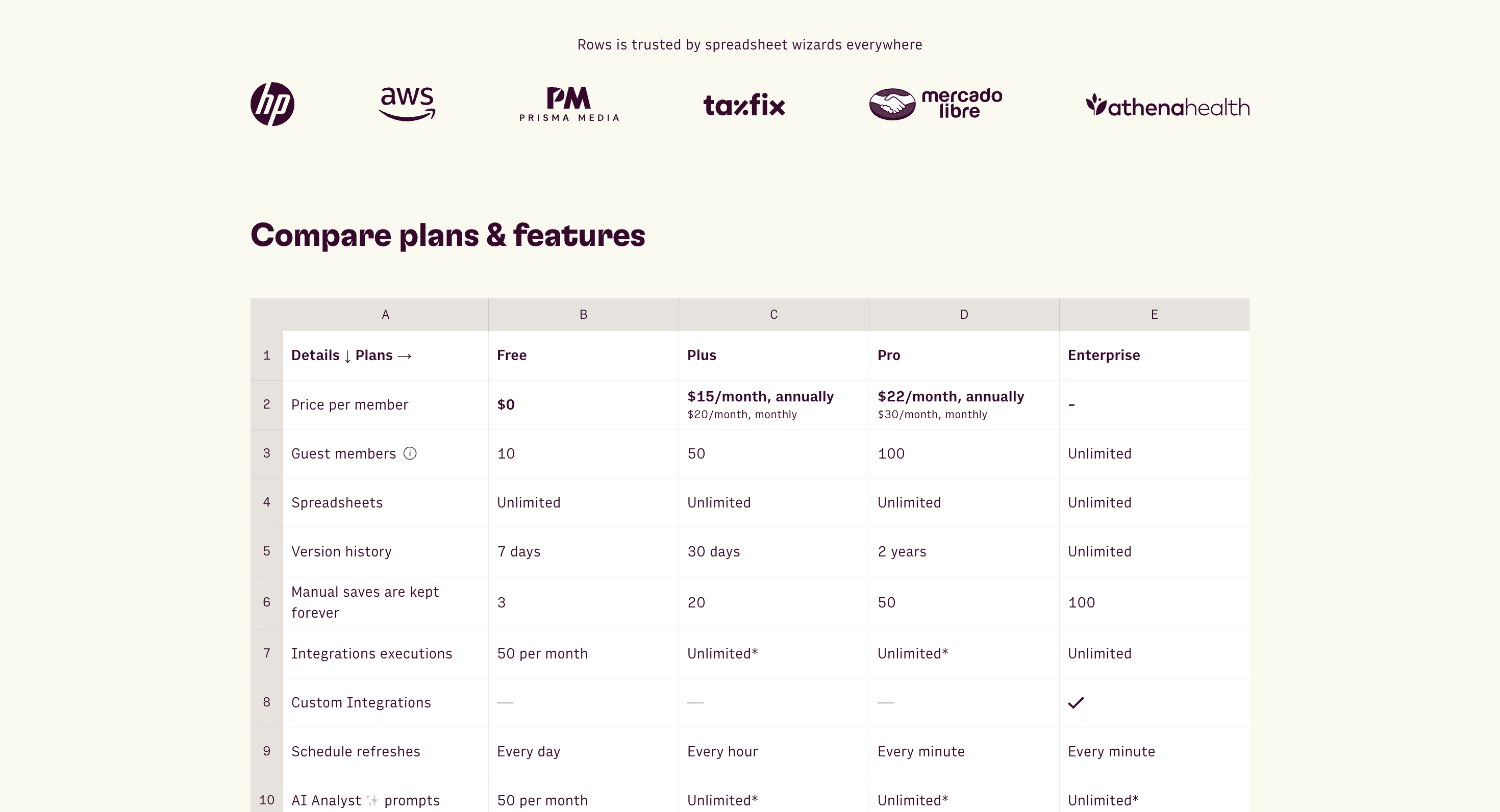 Rows Pricing Page