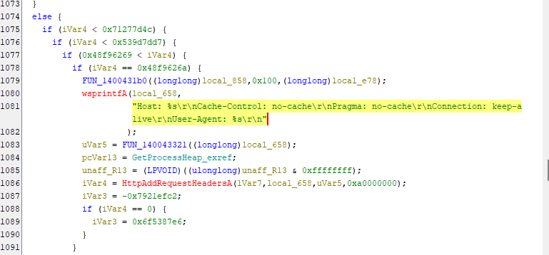Ein Teil des Quellcodes, der auf einem Bildschirm mit hervorgehobenen Zeilen angezeigt wird. Der Code enthält Funktionen und Parameter im Zusammenhang mit HTTP-Anfragen, einschließlich Header für die Cache-Steuerung und Verbindungseinstellungen.