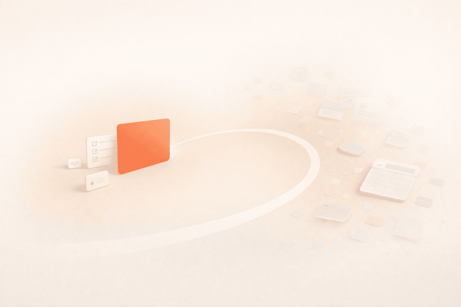 Minimalistische 3D-Illustration mit einer schwebenden korallfarbenen Fokuskarte im Zentrum, umgeben von wenigen klar strukturierten Elementen wie einer Checkliste, einer kleinen Aufgabenkarte und einem Kalenderfeld. Am Rand lösen sich zahlreiche halbtransparente Fragmente von Notizen, Tabs und Benachrichtigungen im warmen cremebeigen Hintergrund auf und symbolisieren die Reduktion von mentaler Überlastung.