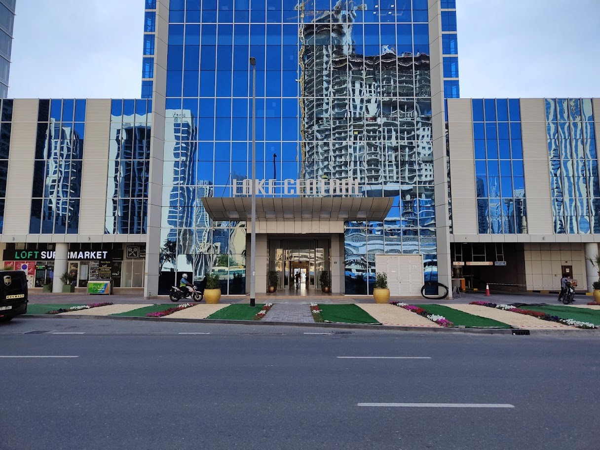 Street-level view of Lake Central Tower's entrance and retail area, ideal for commercial business setups.