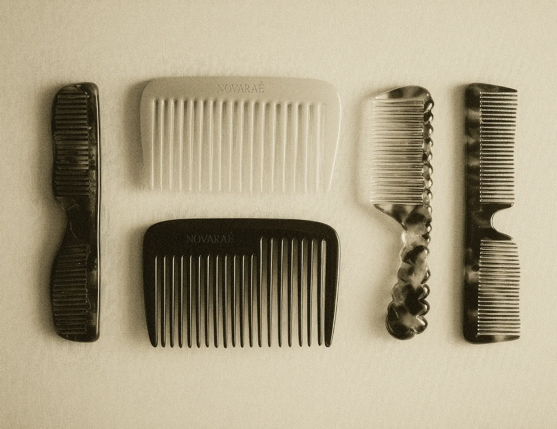 Brand identity applied to Novarae haircare product line showing branded hair combs