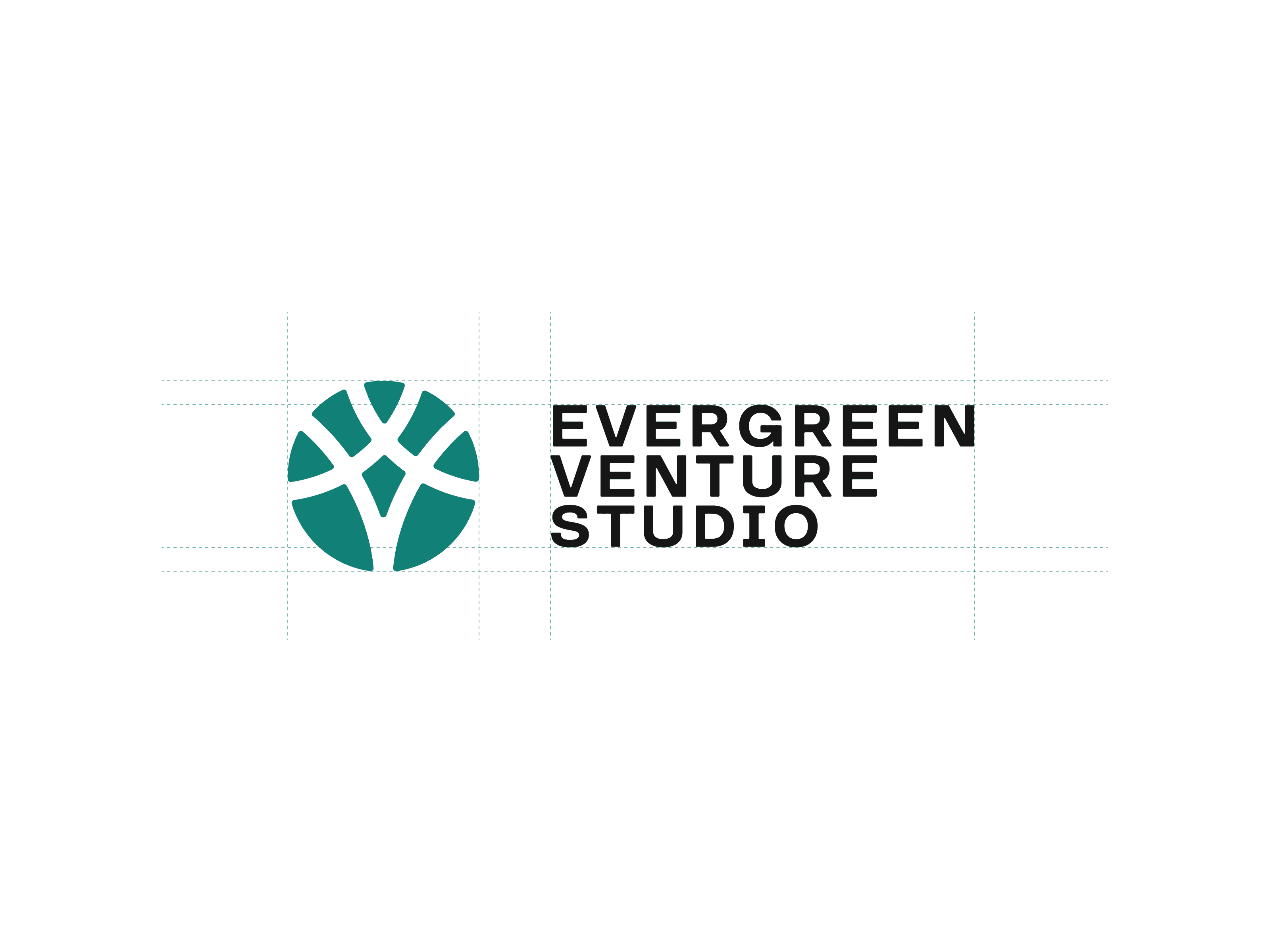 Evergreen Venture Studio logo with grid guidelines, showcasing precise geometric construction and balanced proportions.