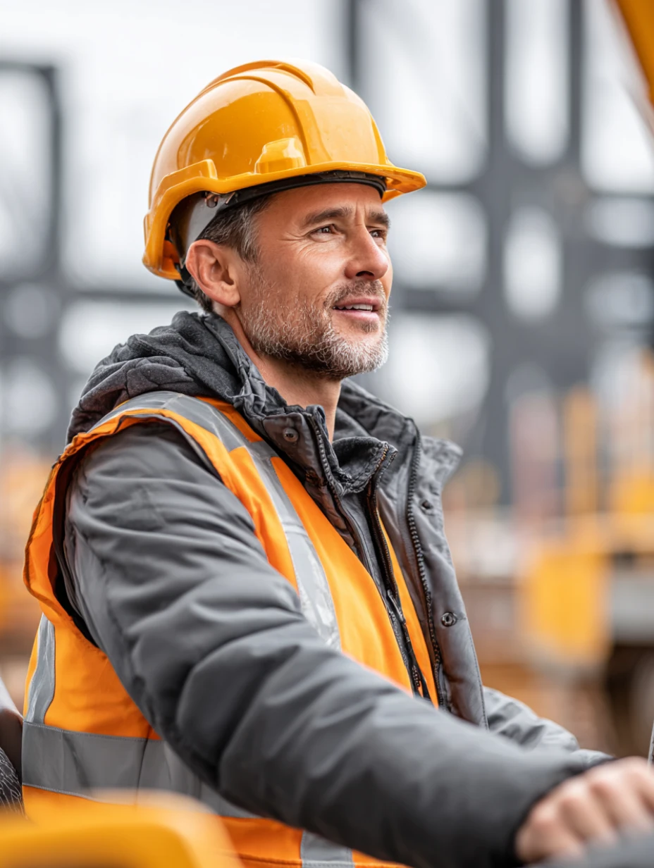 Man operating excavator on construction site