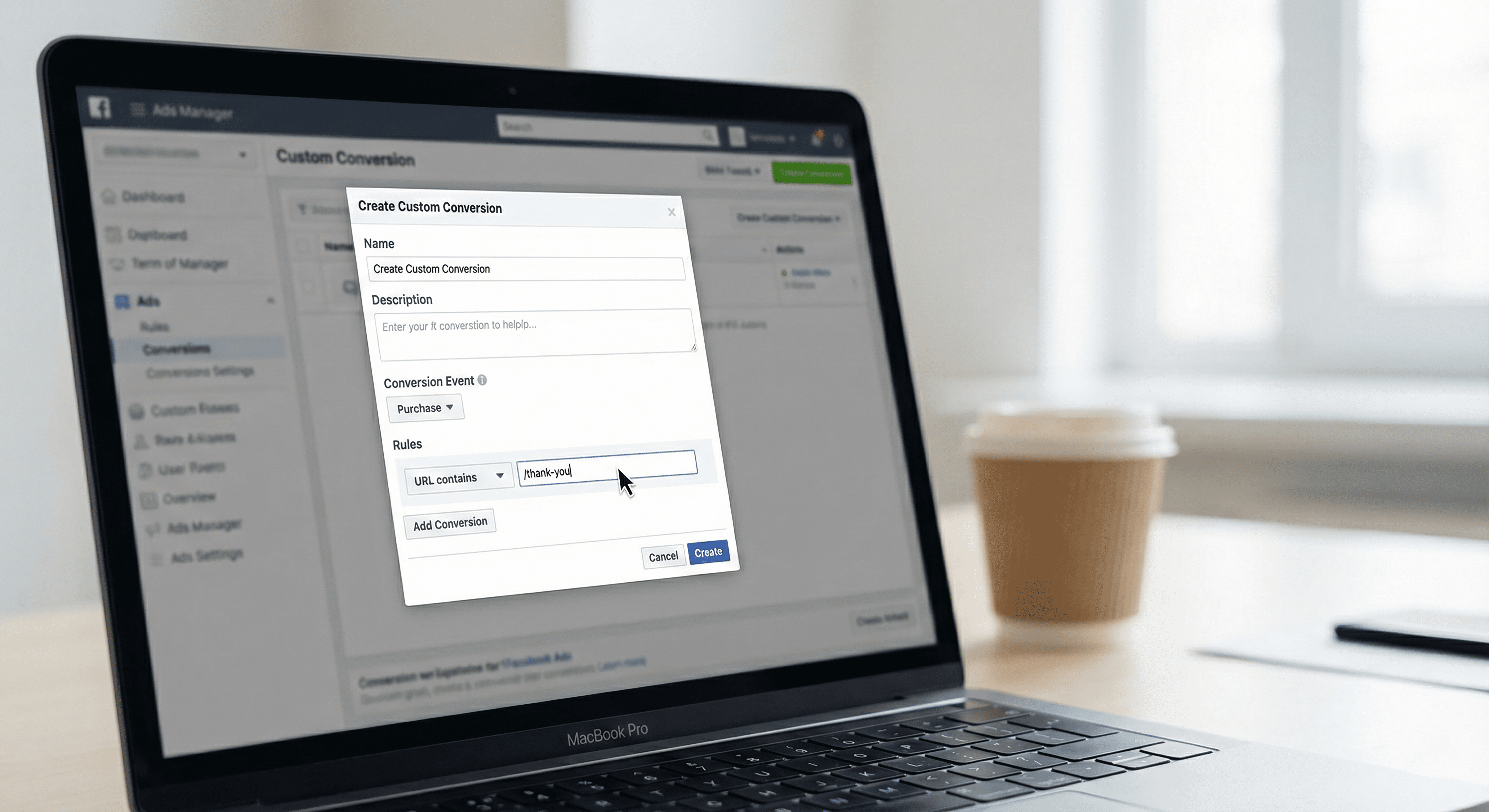 Setting up a rule for a facebook custom event strategy in ads manager.