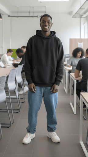 Étudiant de l'ICEA Martinique en hoodie noir souriant dans une salle de classe moderne, illustrant l'environnement de travail collaboratif et l'épanouissement académique.