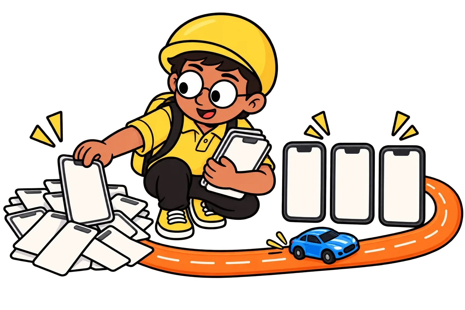 Cartoon character removing extra screens and keeping a simpler three-step experience