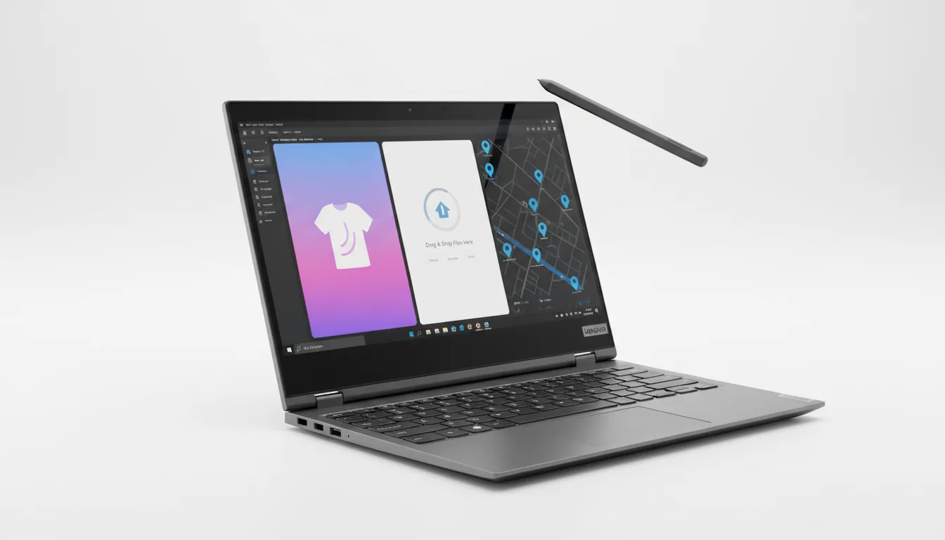 DSLR product shot of a sleek, dark gray metallic convertible laptop in tent mode, set against a pristine white studio background. Soft studio lighting creates clean reflections on the metal chassis. A matching dark gray Lenovo digital stylus hovers diagonally over the top-right of the screen. The vibrant screen displays a UI design software with three vertical artboards: the left shows a clothing graphic on a pink gradient, the center shows UI elements for a file upload, and the right shows a dark-mode map interface with blue location pins. The image is hyper-detailed, with sharp focus on the laptop and stylus.