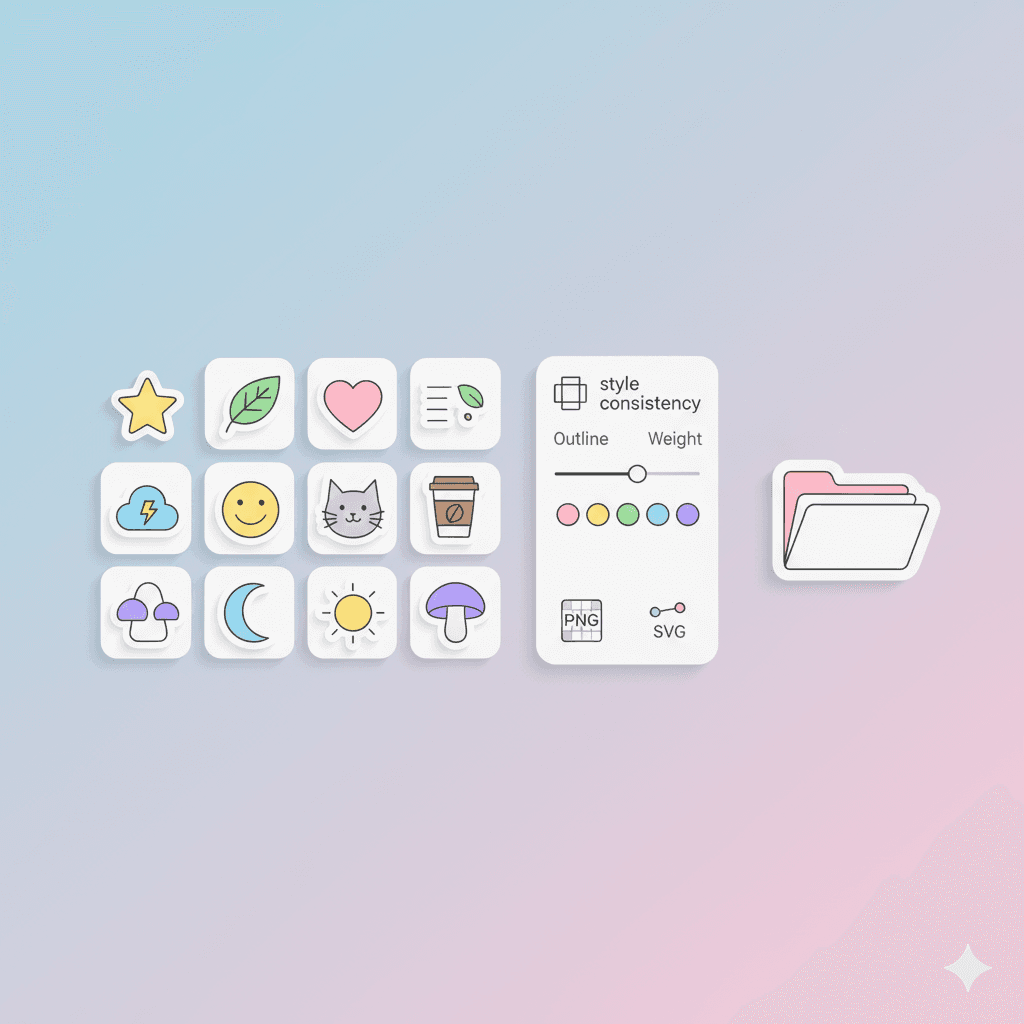 Sticker pack illustration showing a consistent set of bordered stickers with a palette, outline controls, and PNG/SVG export icons.