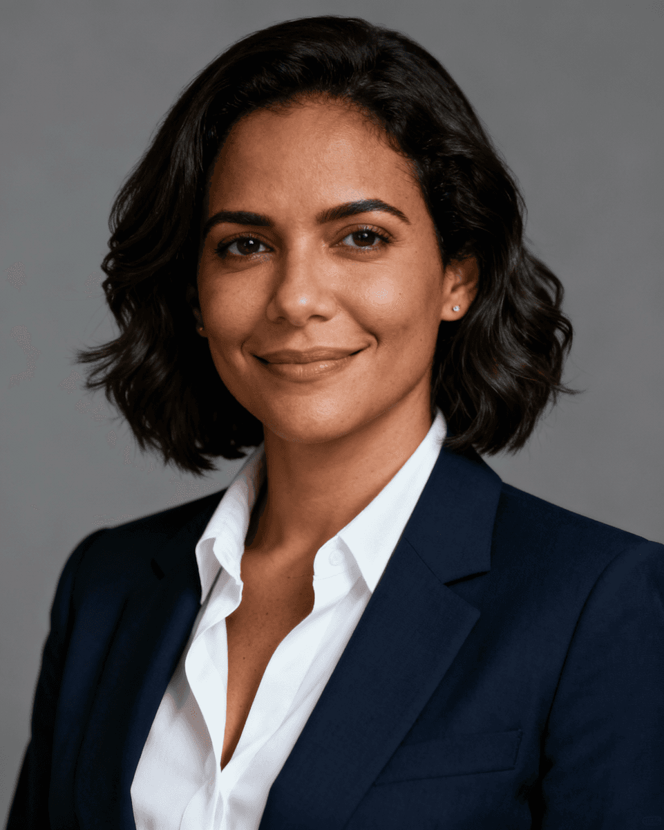 Portrait of a confident woman with short black hair, wearing a navy blazer and white shirt, smiling softly against a gray background. Professional tone.