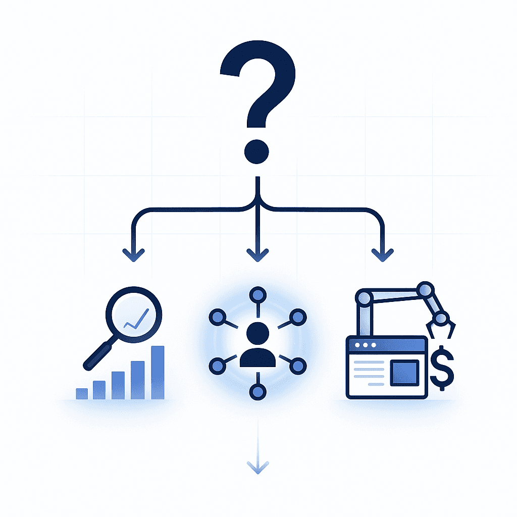 Branching decision-tree illustration showing three paths: analytics focus, influencer insights, or full automation.