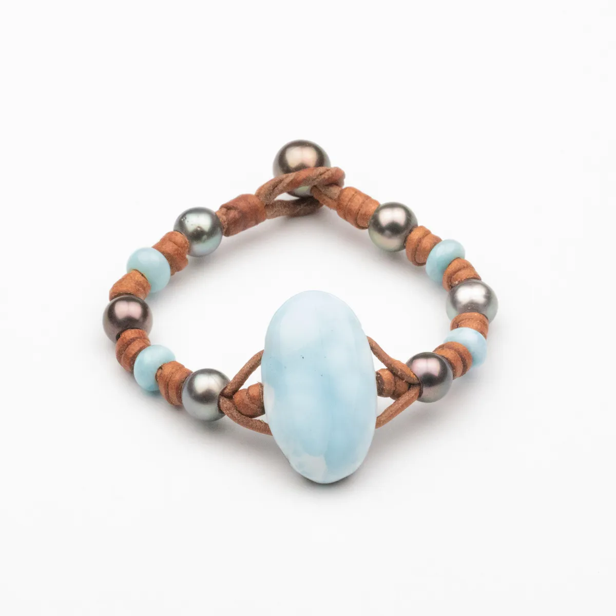 Larimar stone and Tahitian Pearl leather bracelet with aqua glass beads and double cord construction — Manos de Oro Saint Barth