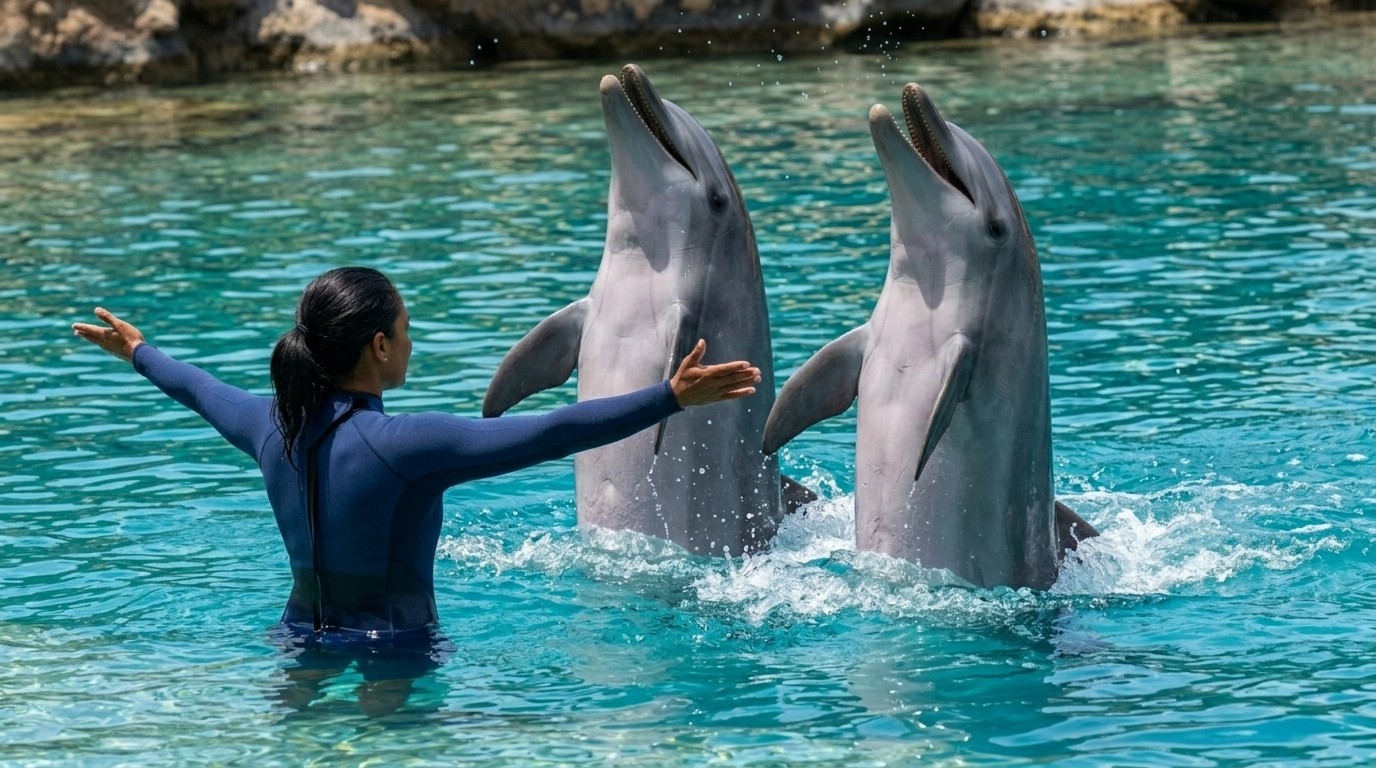 Woman in a dark blue wetsuit standing in clear water with her arms outstretched facing two dolphins rising vertically out of the water