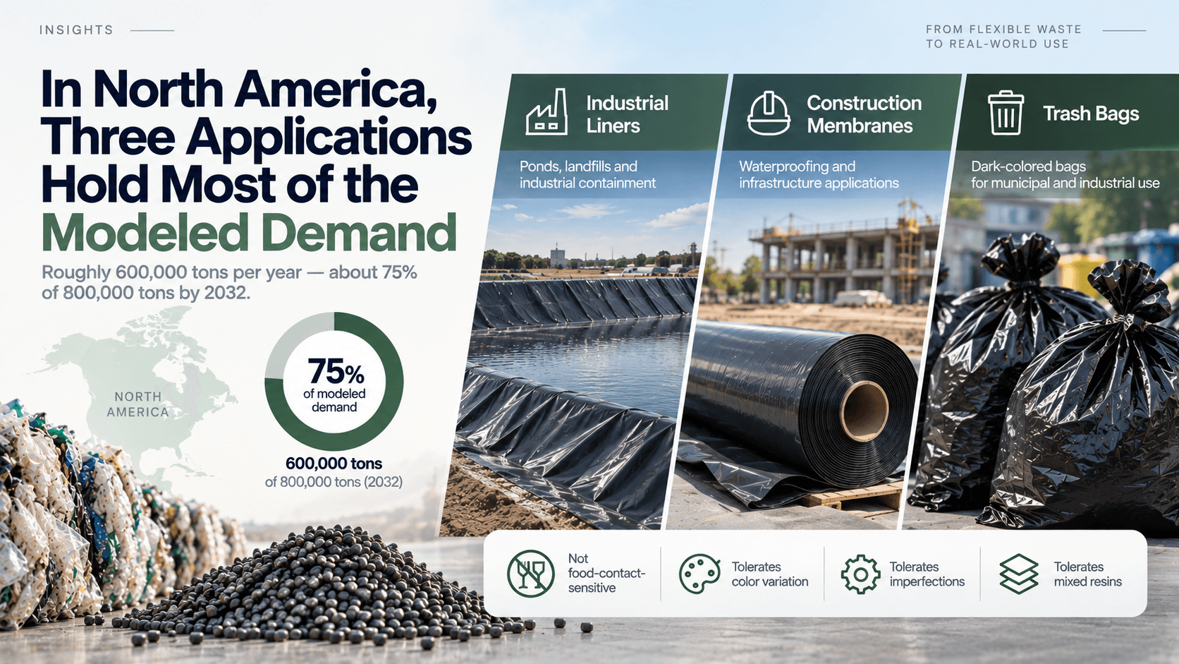 Three applications hold about 75% of modeled recycled PE film demand in North America — industrial liners, construction membranes and dark-colored trash bags