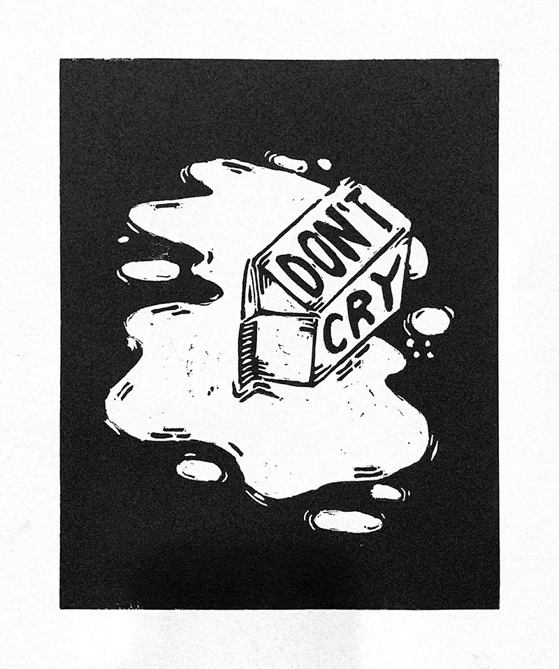 Print of milk carton tipped over a puddle of milk