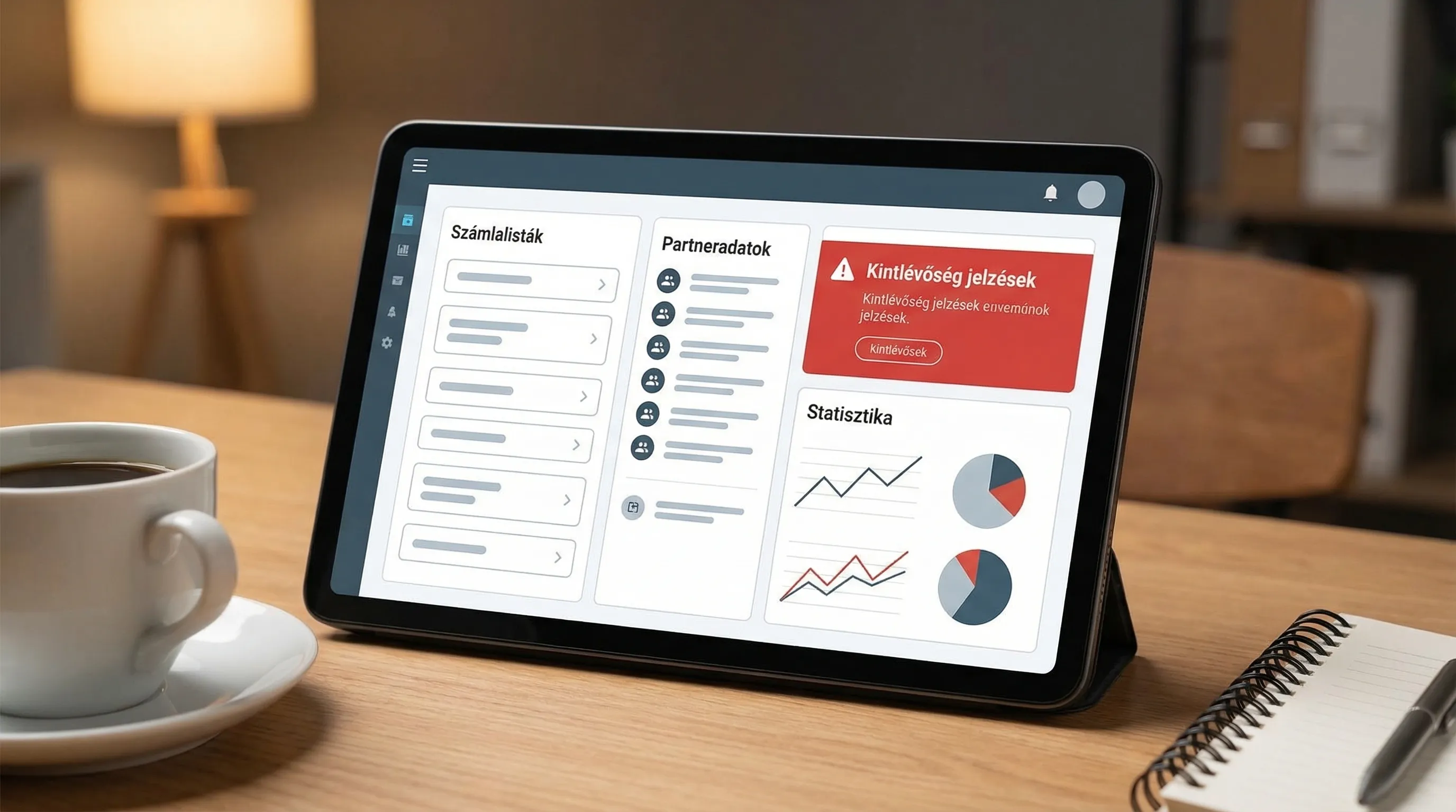 Egy kisvállalkozói számlázó és admin felület sematikus képe: számlalisták, partneradatok, kintlévőség jelzések és egyszerű grafikonok egy központi dashboardon.