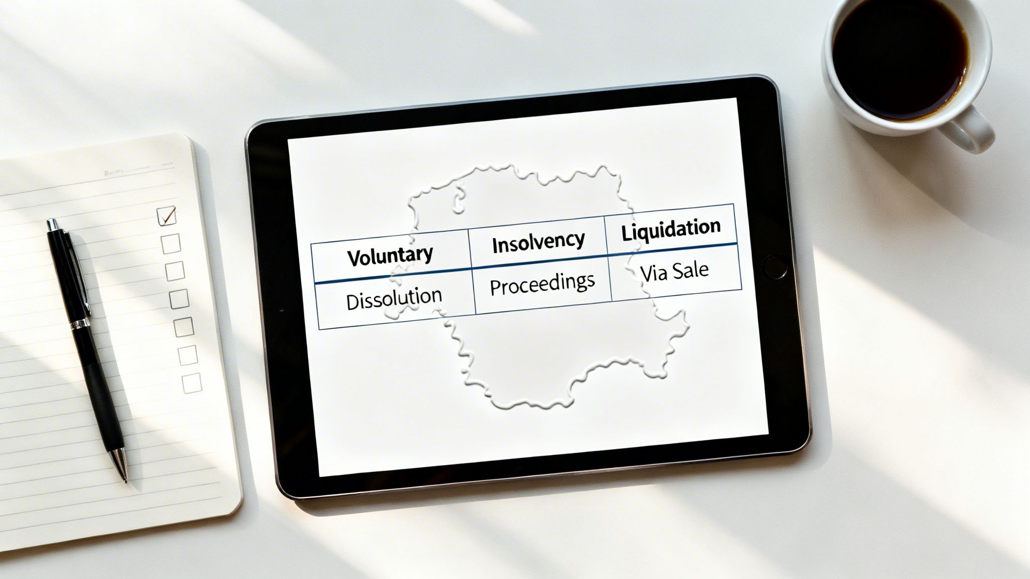 A tablet displays a table detailing voluntary dissolution, insolvency proceedings, and liquidation via sale options.
