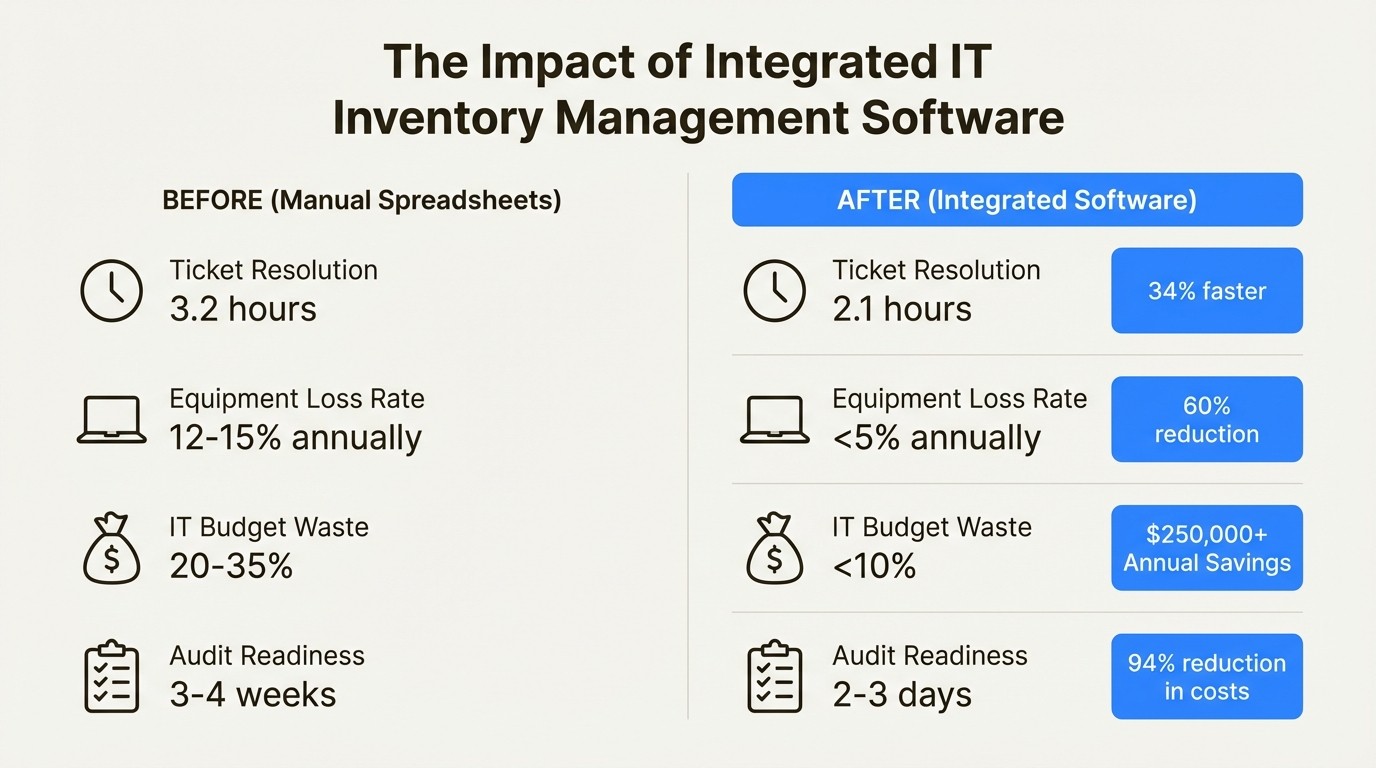 An infographic showing the positive impact of adopting IT inventory management software, with statistics on faster ticket resolution, reduced equipment loss, and significant IT cost savings.