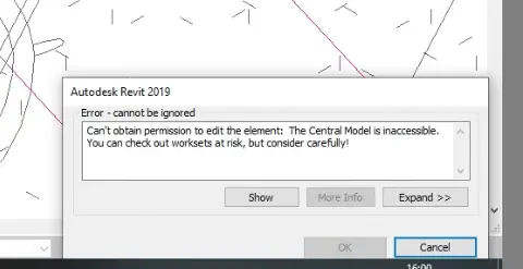 Can't obtain permission to edit the element in Revit - Model is inaccessible, image