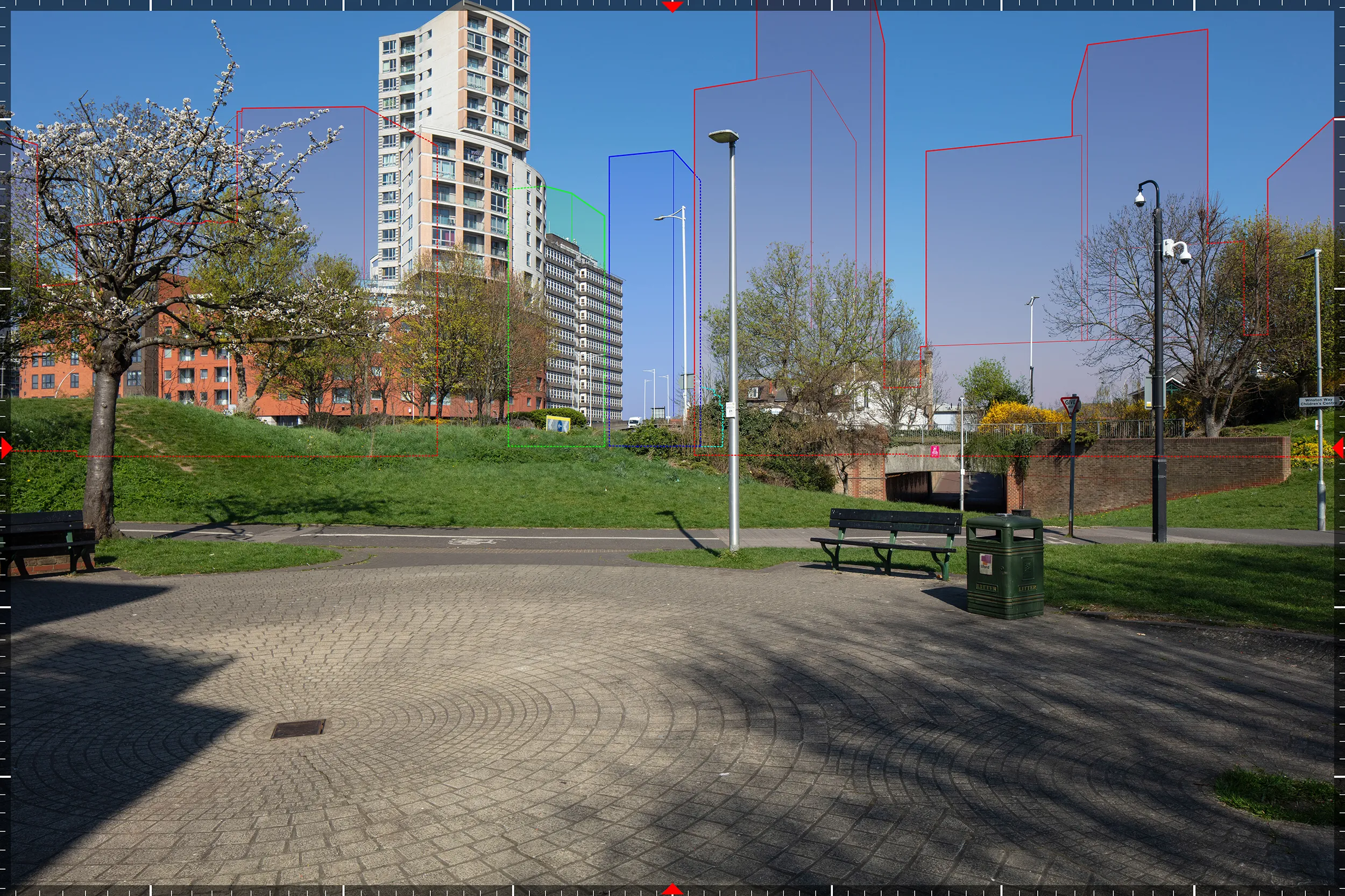 AVR1 verified view from Philpot Path illustrating the proposed buildings within the surrounding streetscape.