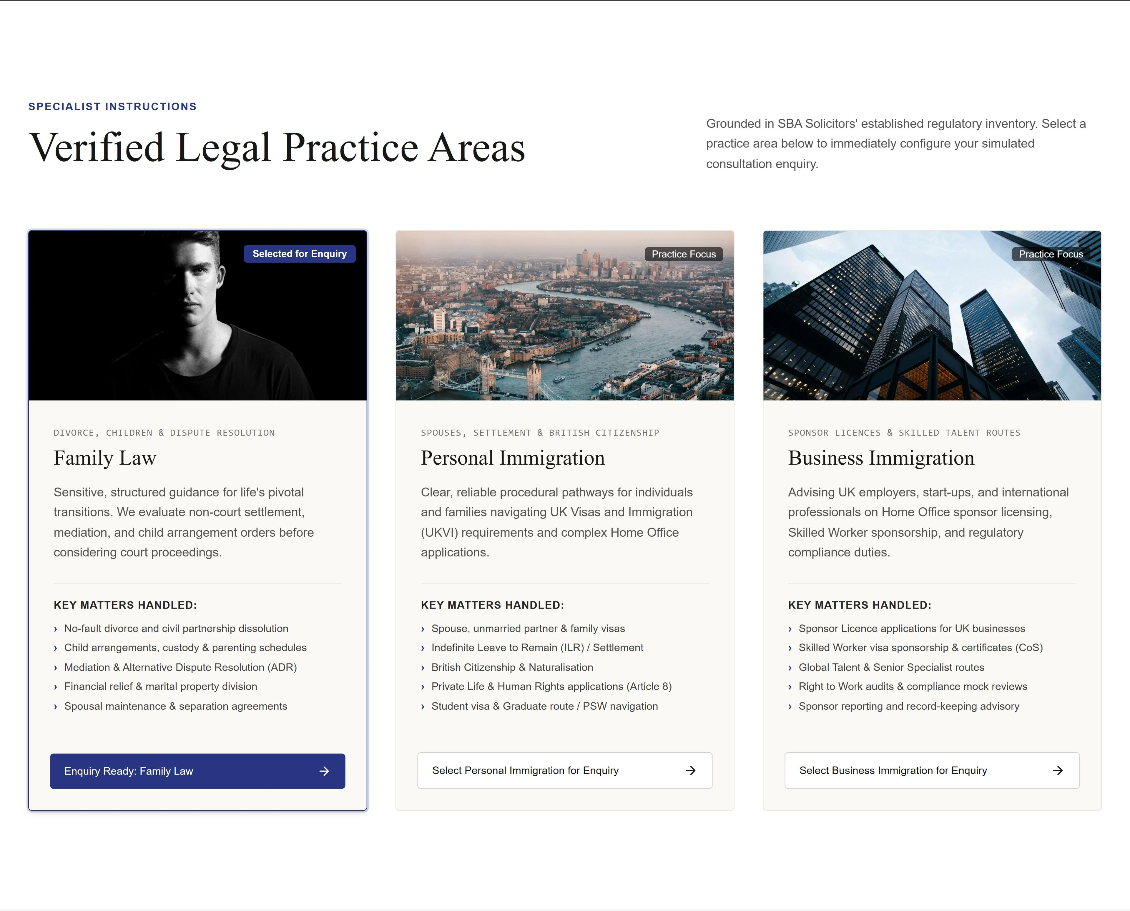 Three areas. Three intelligible routes. — All three practice areas, desktop