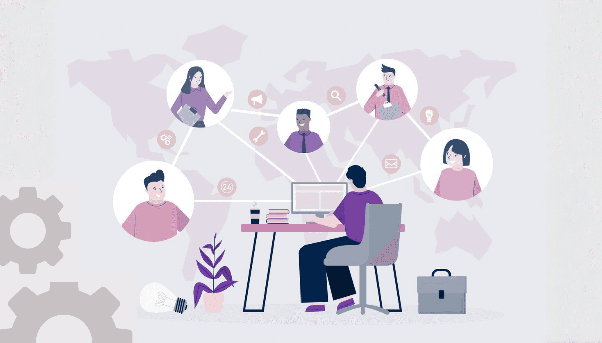 Illustration of a remote worker coordinating with a global team via digital tools.
