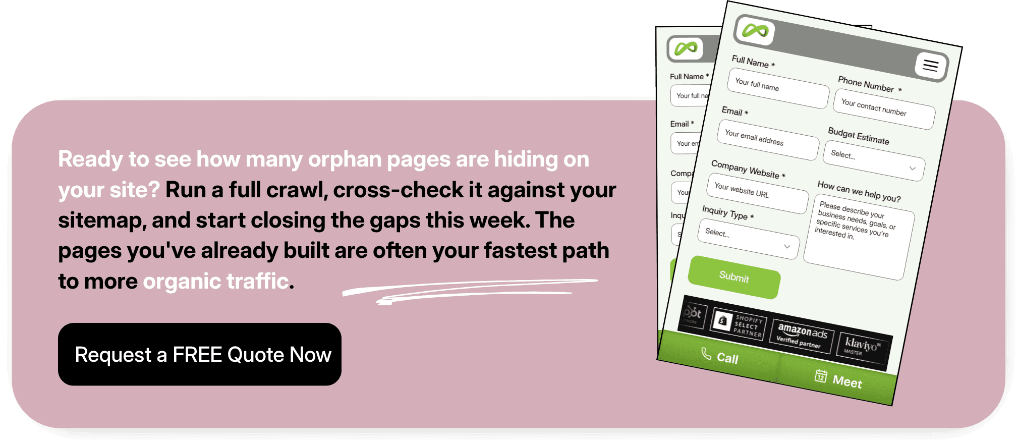 CTA For SEO crawl for orphan pages with a Request a FREE Quote Now button.