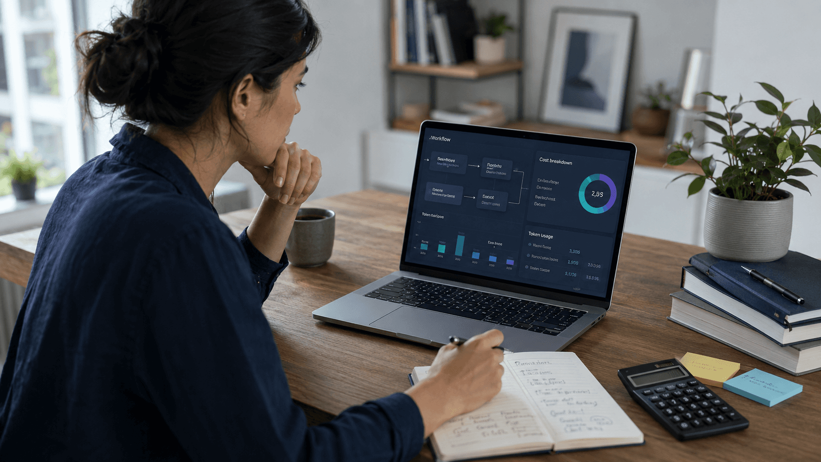 Woman analyzing an AI workflow and token usage dashboard on a laptop while taking notes at a desk in a bright home office workspace.