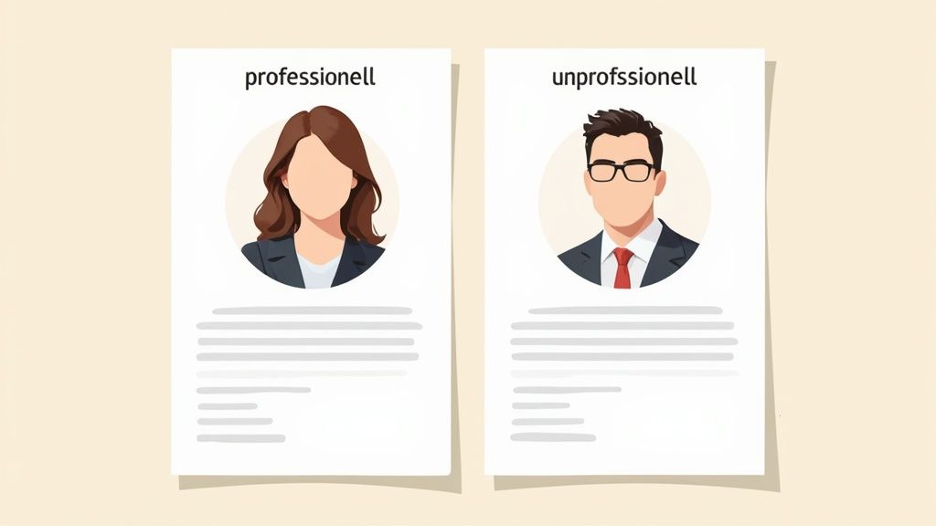 Vergleich von professionellen und unprofessionellen Profilbildern für Bewerbungen mit Mann und Frau.