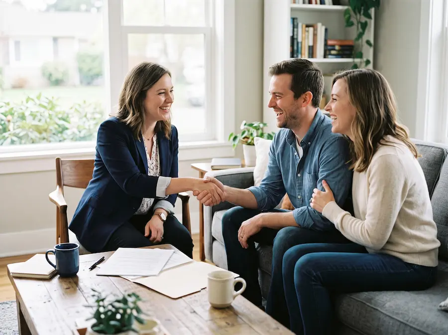 An agent shaking hands with happy clients over coffee at a closing table.