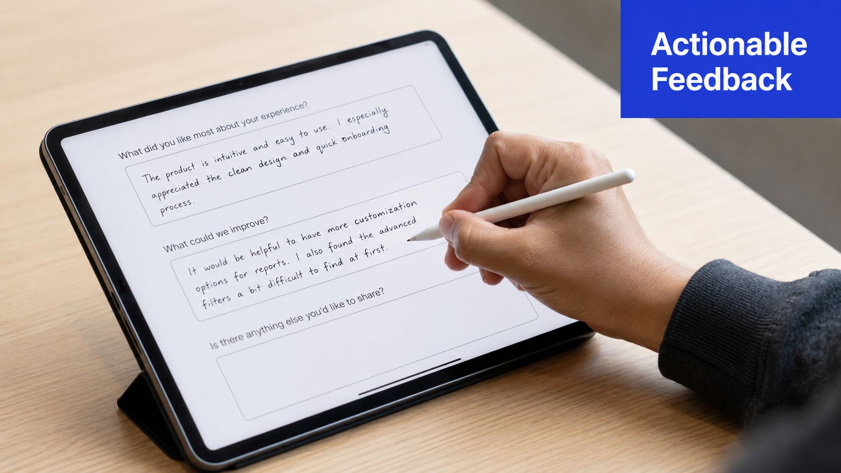 A person writing feedback on a tablet screen during a customer satisfaction improvement process.