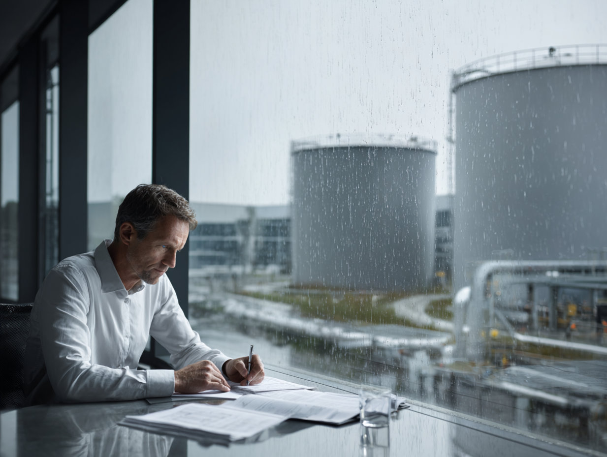 executivo analisando as contas de consumo de água da empresa enquanto, do lado de fora, chove e dois grandes reservatórios de captação de água da chuva aparecem no ambiente exterior
