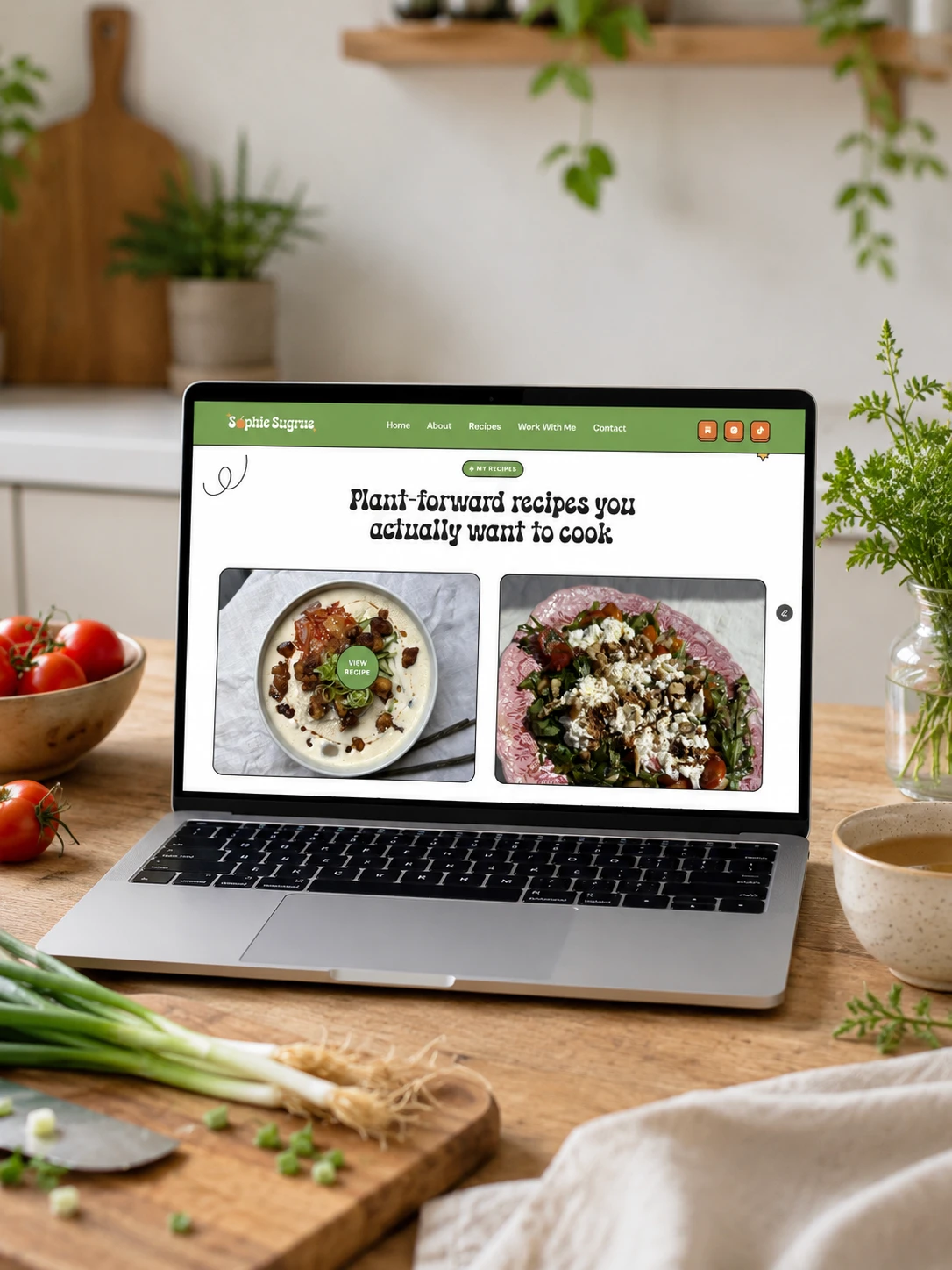 Laptop displaying Sophie Sugrue blog with plant-forward recipes