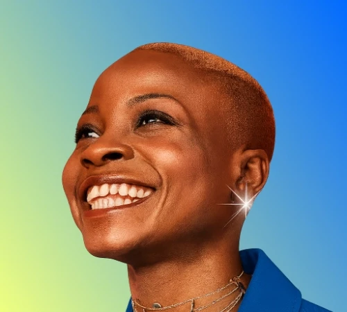 Woman smiling user icon on a blue background