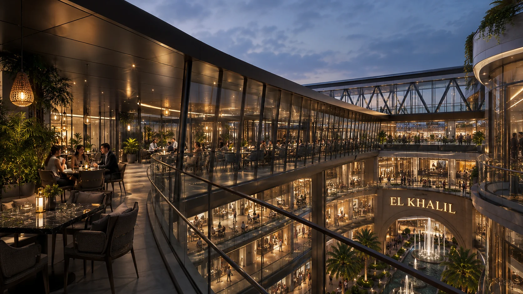 Architectural render of the landscaped open-air court at EL KHALIL Mall in New Cairo by Arc In Space