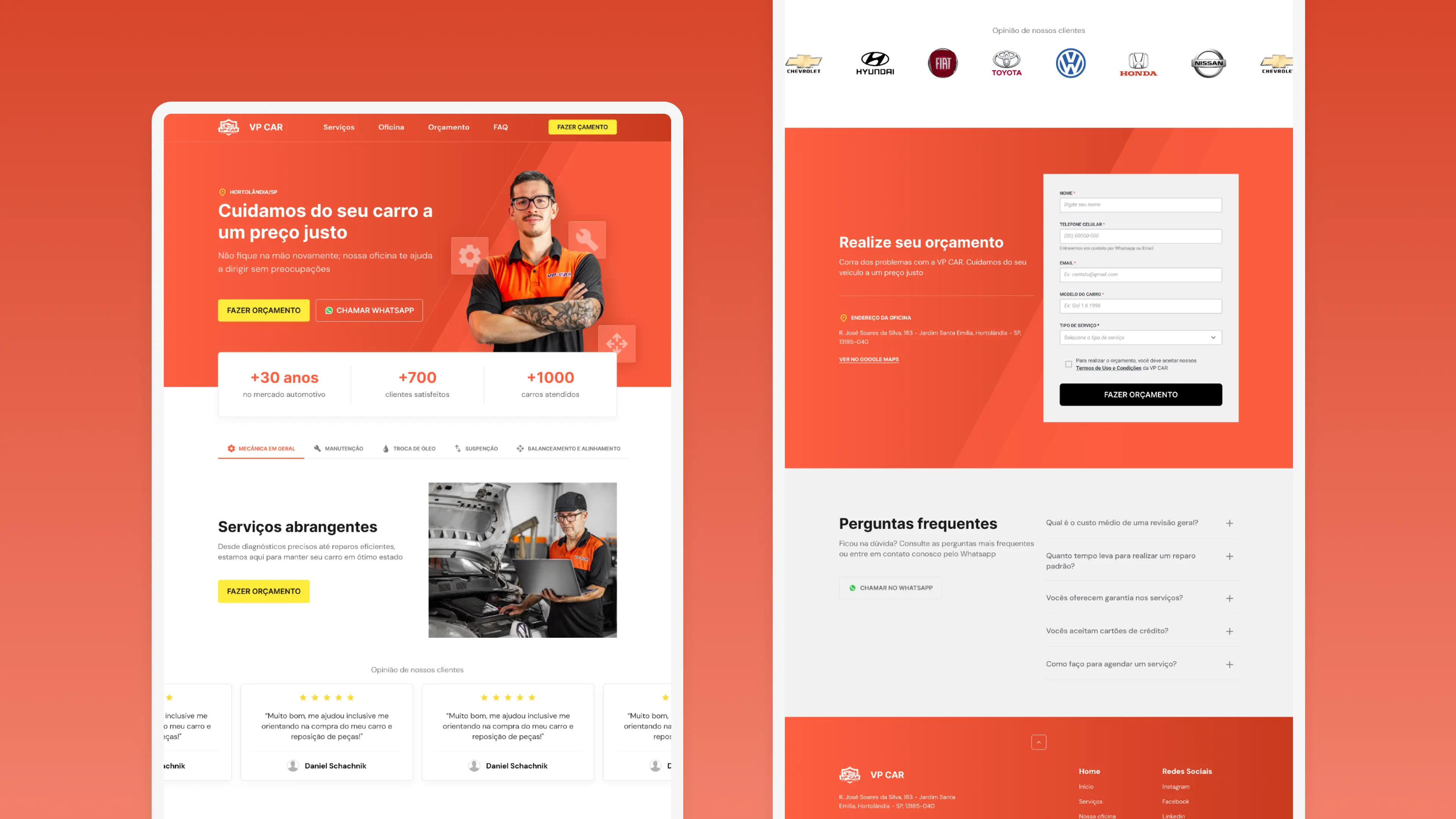 High-fidelity mockup of VP CAR landing page with a quote request form, featuring service options, customer testimonials, and a clear submit button for easy car service inquiries.