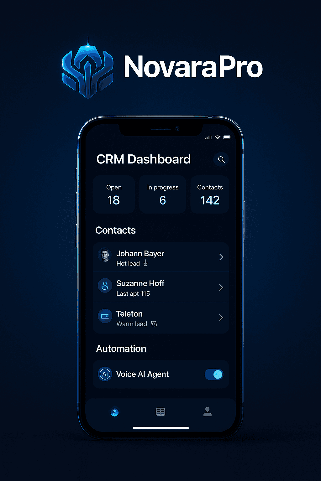 Smartphone mit geöffneter Novara Pro App zeigt das CRM Dashboard mit Aufgaben, Kontakten und Erinnerungen.