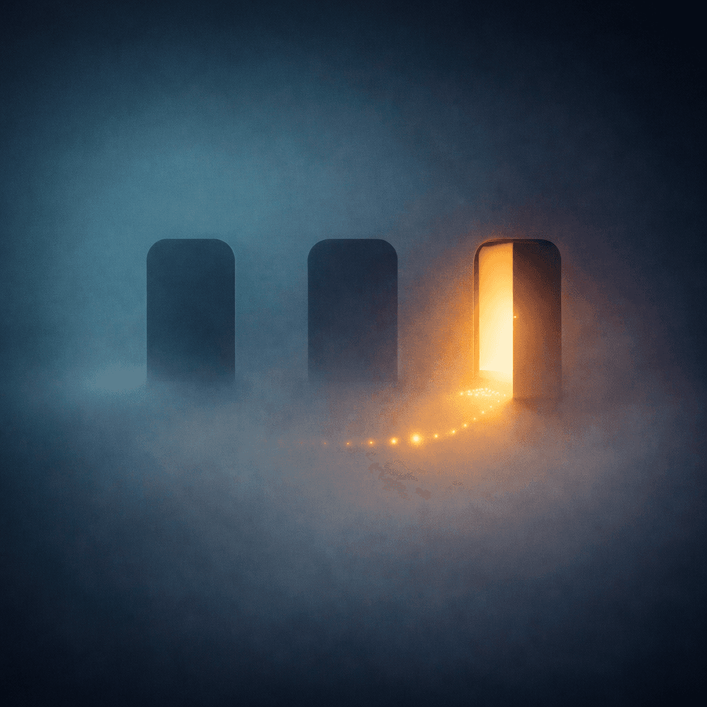 A foggy blue scene with three rounded doorways; the rightmost door is open and glowing warm orange, with a dotted trail of light leading toward it while the other two doors remain dark.