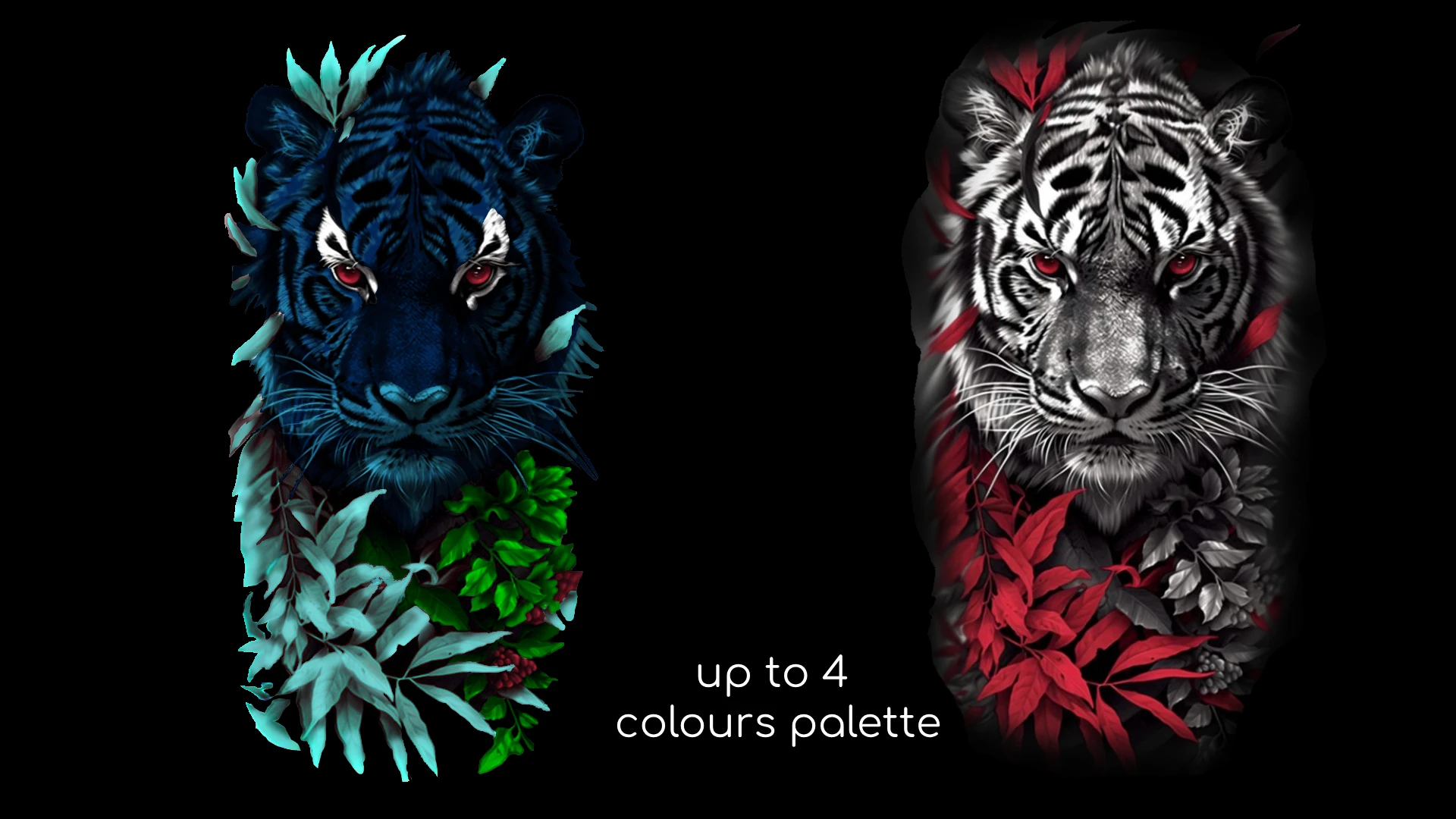 Comparison between a colored tattoo and original version of a tiger
