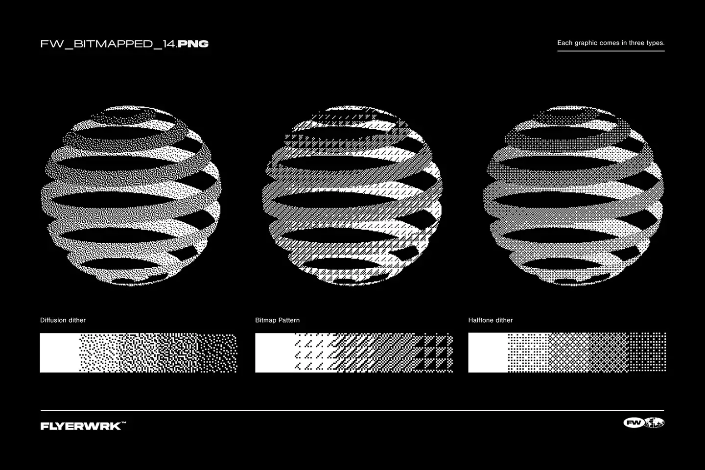 Bitmapped design elements spheres comparing diffusion dither bitmap pattern and halftone dither styles