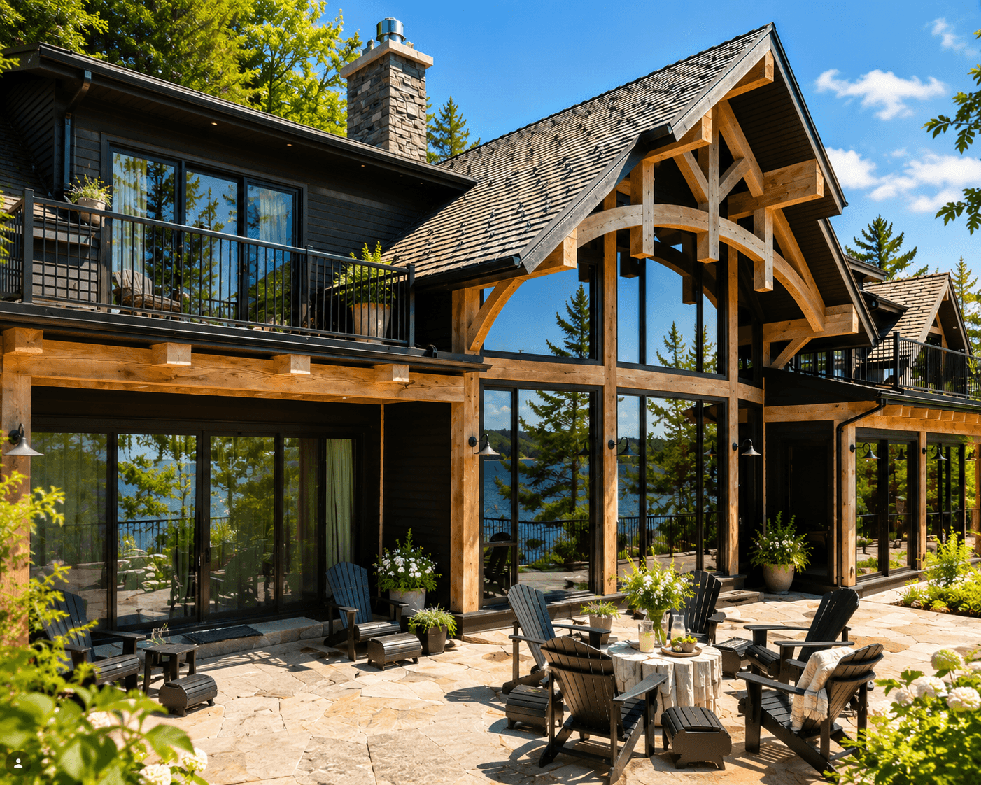 Large floor-to-ceiling cottage window replacement overlooking a Muskoka lakefront view.
