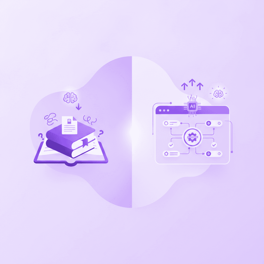 A split-screen graphic showing a struggling student staring at a dense biology textbook on one side, and on the other, a digital screen displaying an AI tutor mapping out the Krebs cycle