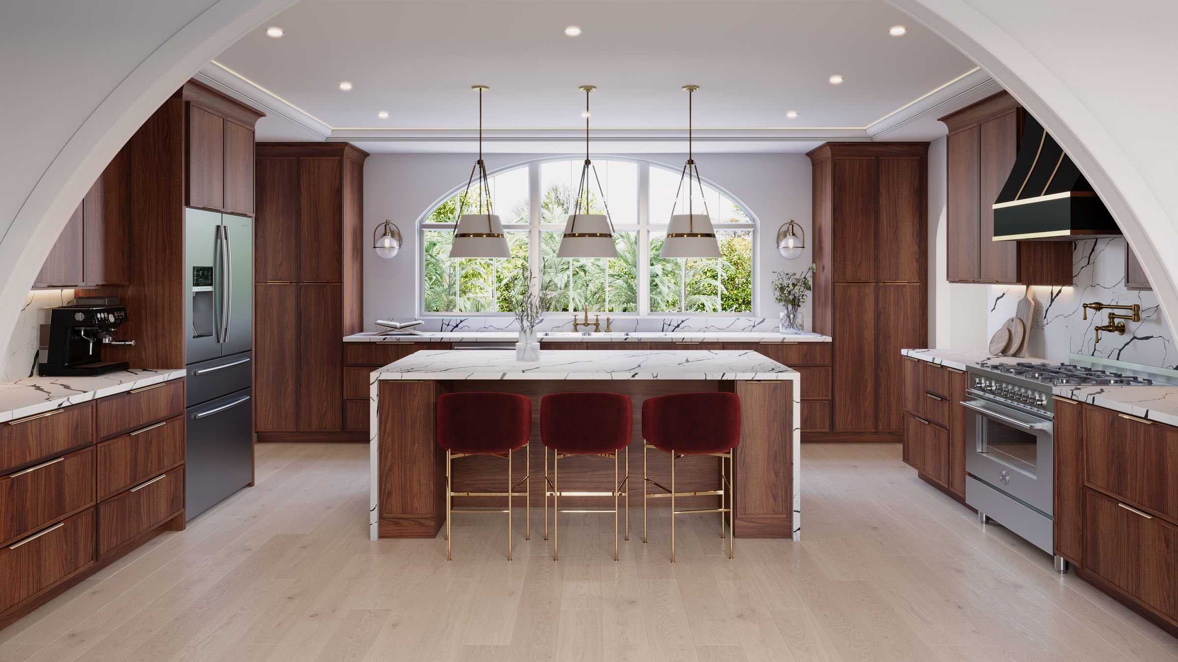 Walnut flat-panel kitchen with a marble island and red stools