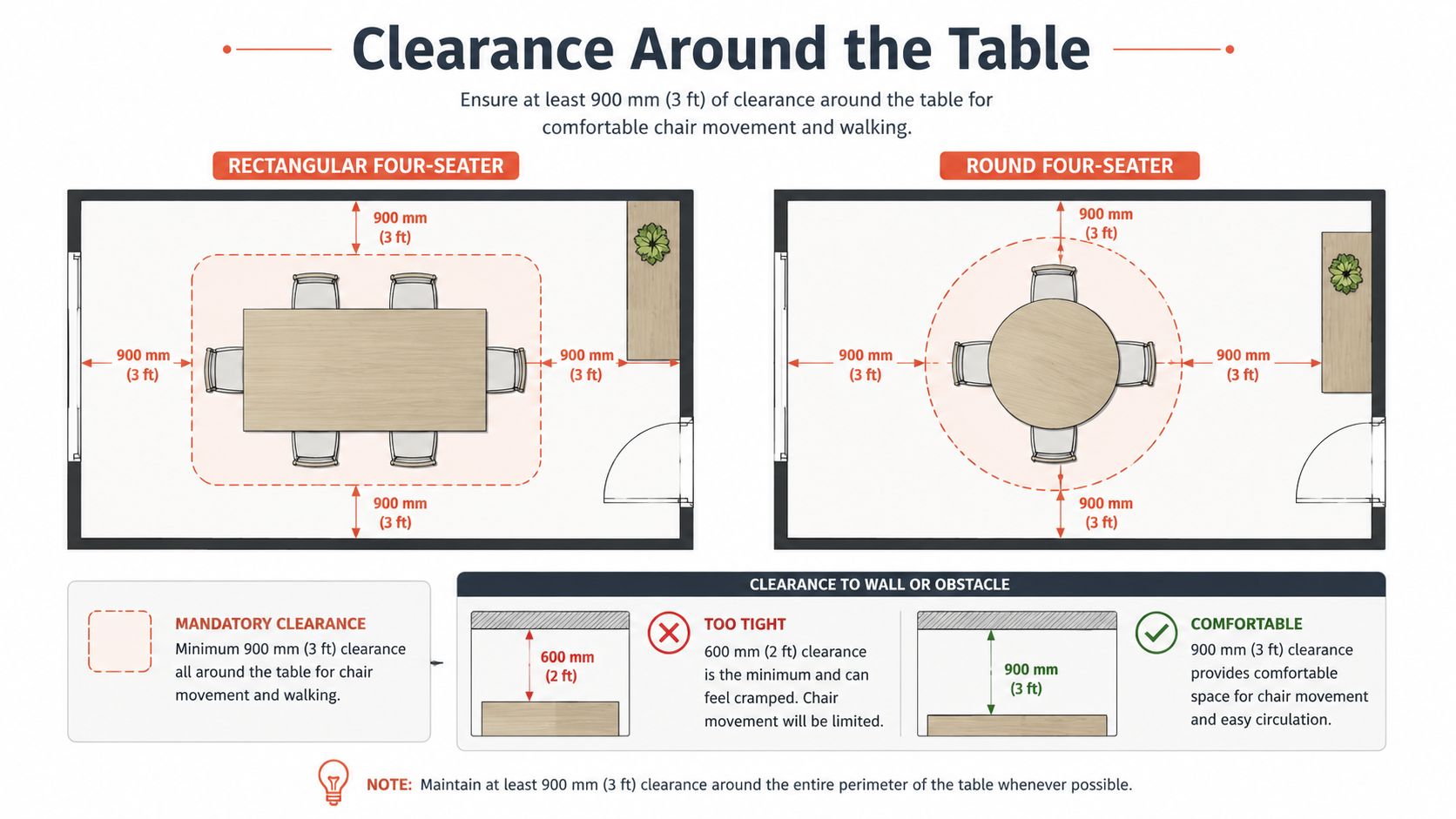 A diagram illustrating the recommended 900 mm clearance around rectangular and round four-seater dining tables for comfort.