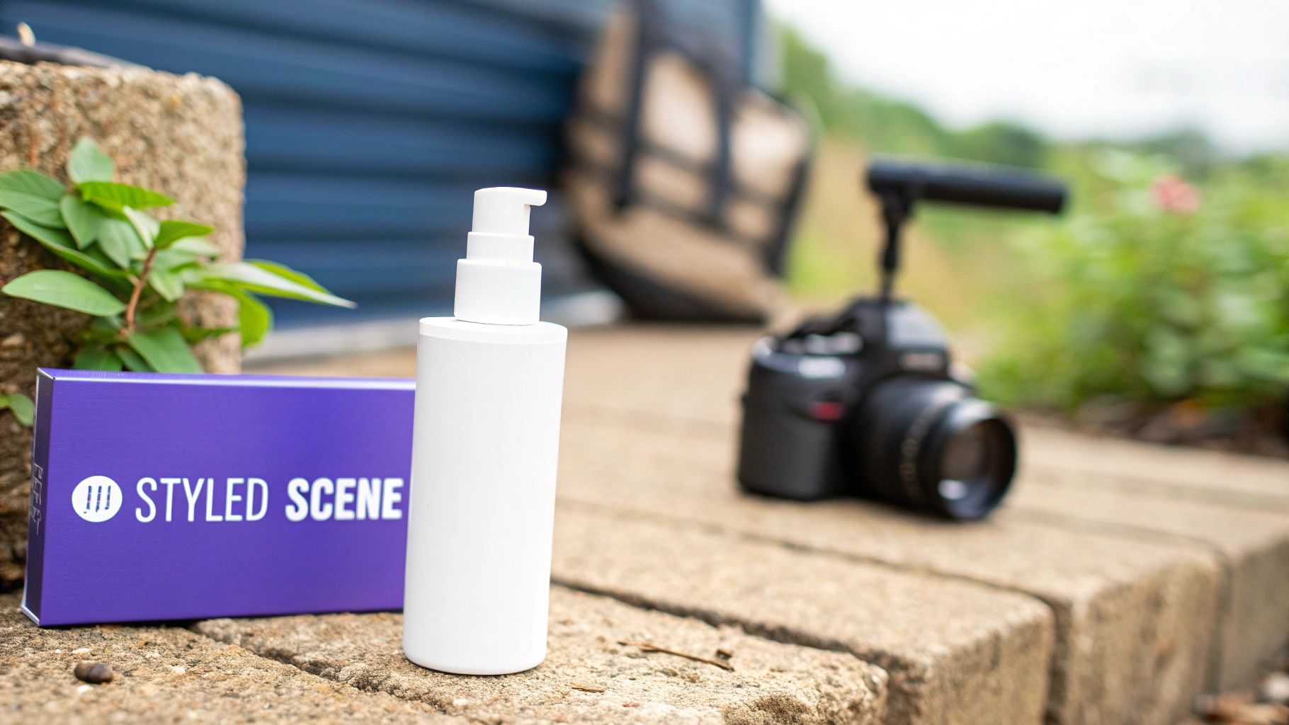 A white pump bottle and a purple